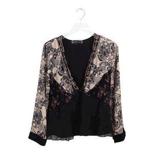 Spencer Alexis Petite Large Sheer Black Beige Floral Lace Boho Blouse Top